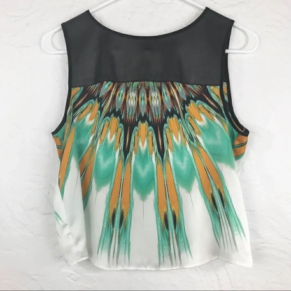Bisou Bisou Black Faux Leather/Peacock Tie Dye Top